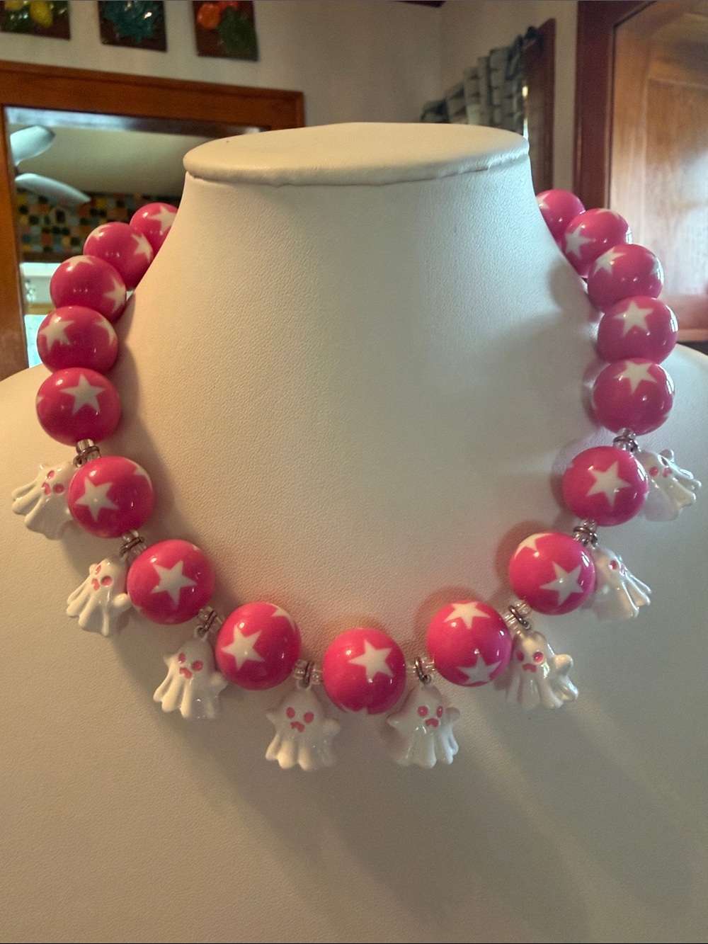 Audrey Limoges Collection Pink Star Bead Necklace with White Ghost Charms